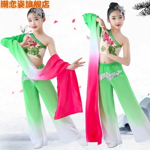 古典民族风且吟春雨表童出舞蹈服藏 单肩长袖 速发儿演水袖 舞蹈服装