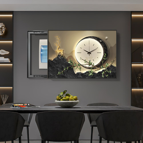 速发侘寂风级表箱壁饰画轻奢高电感电闸盒挂画麋鹿钟表画餐厅电箱