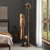 衣帽架落地卧室客厅家用北欧黑胡桃木置物架入户门W口实木挂衣架