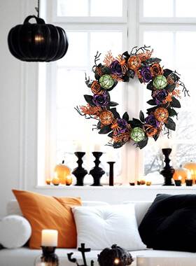万节装饰藤圈玫瑰蛛NIW网花圣圈派对花家居装饰门饰挂门万圣节环