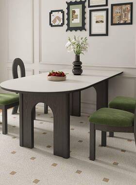 法式复古餐桌户型圆岛靠PFS63471墙台吃饭半桌小中古风实木岩板餐