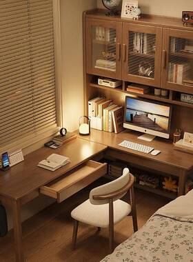 实木转电角脑桌卧室学家用书桌书架一体桌双人生YVD习桌拐角学办