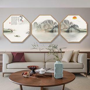新中式MWT八边望云玄楼景装饰风画客厅关书形房卧室走廊山水挂画