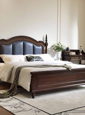 美式复古实木床乡简约KLSD-8131.m主8大床家用卧室油卧蜡皮村软包