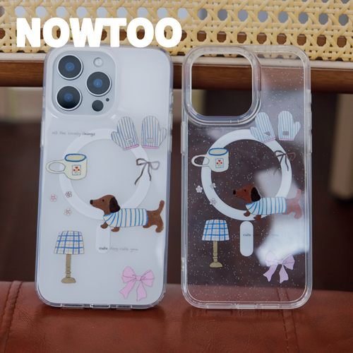 NOWTOO@原创细闪条纹腊肠狗韩系ins双层imd无线充电磁吸苹果手机壳14/15/16/17promax无线充电支架卡包