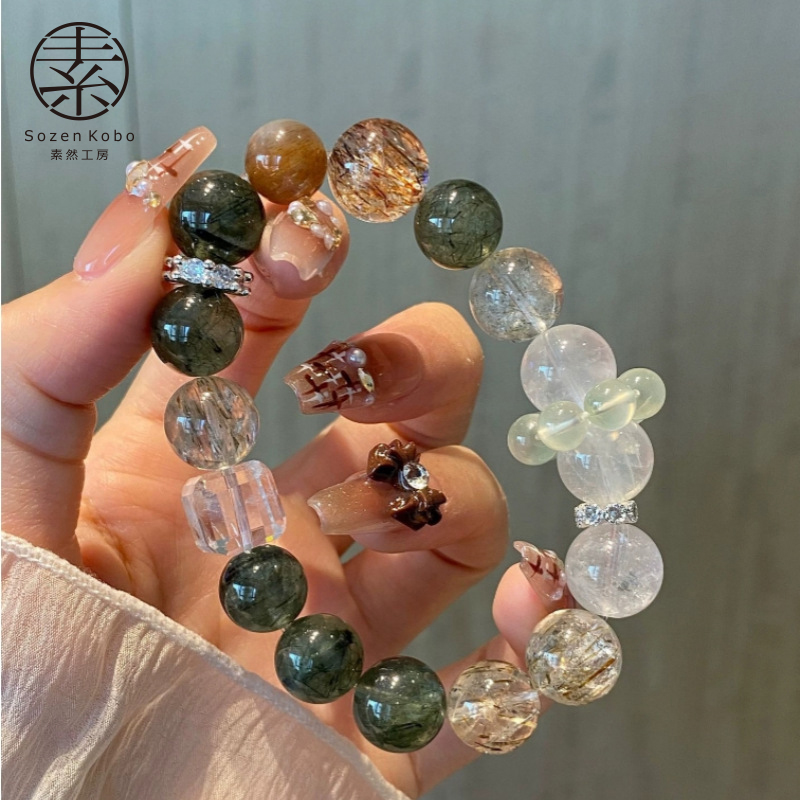 天然绿发晶黑金超白幽灵白水晶方糖手串水晶手链招财转运喜金水木