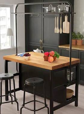 开放式厨房中岛台可移动料理台家用餐桌一体铁艺实木餐边柜置物架