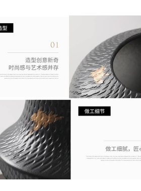 新中式创意飞碟黑色花瓶摆件客厅玄关餐桌桌面插花陶瓷花器工艺品