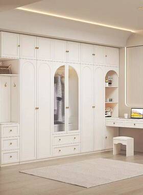 轻奢奶油风法式衣柜书桌一体组合白色转角妆台大衣橱