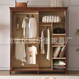 美式实木衣柜两门推拉橱柜双门大容量卧室家具乡村储存柜跨境热销