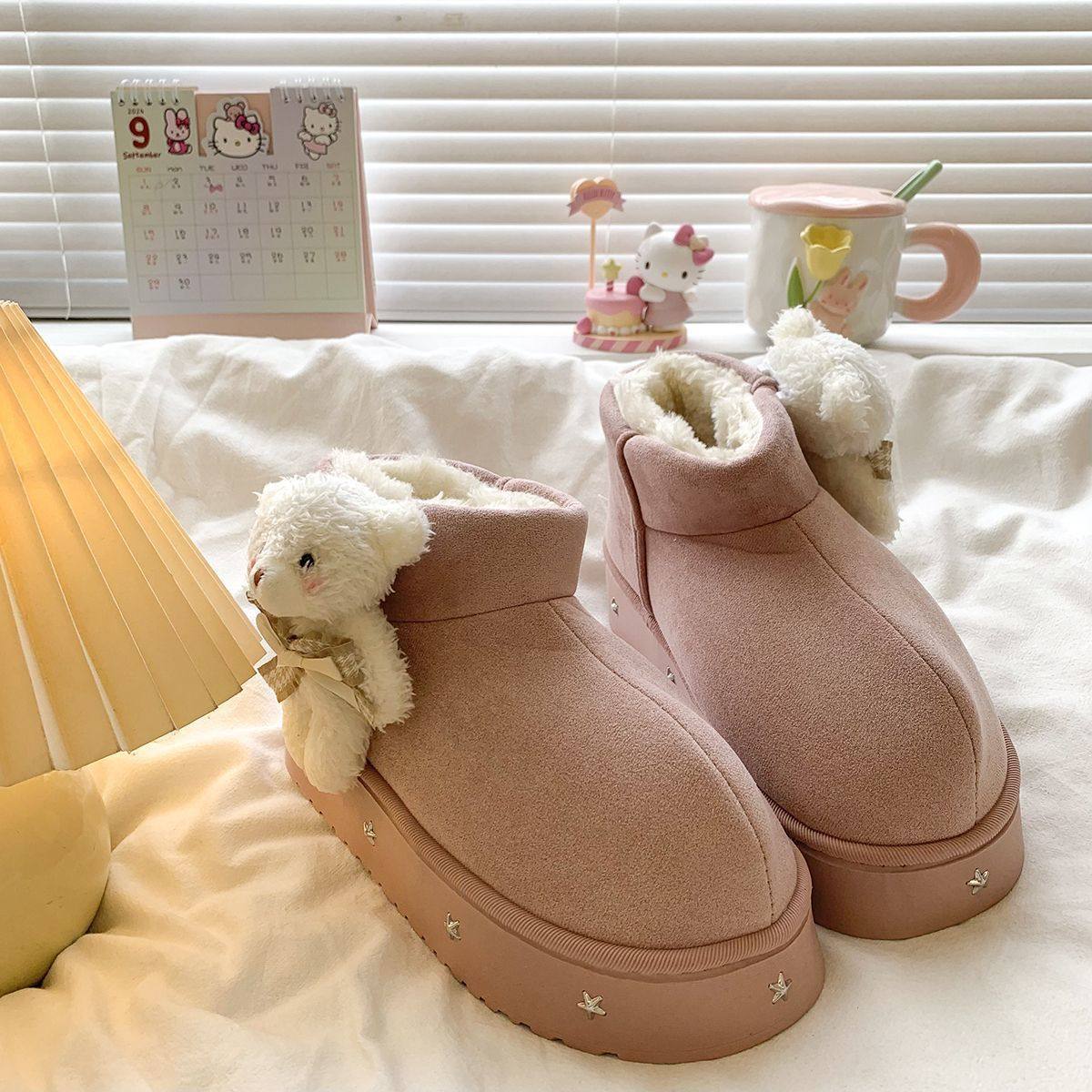 超火可爱小熊雪地靴女2025秋冬新款皮毛一体勃肯棉鞋厚底加绒棉靴,女鞋,时尚雪地靴,淘宝优惠券,粉丝福利购,淘宝优惠卷