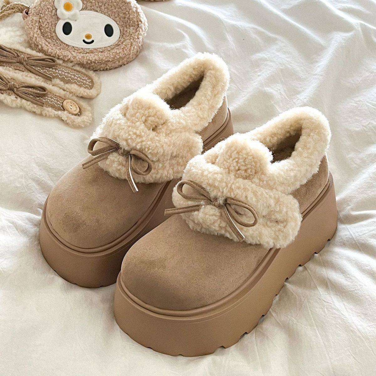 2026冬新款小个子增高蝴蝶结棉鞋加绒保暖毛绒雪地厚底全包勃肯鞋,女鞋,棉鞋,淘宝优惠券,粉丝福利购,淘宝优惠卷