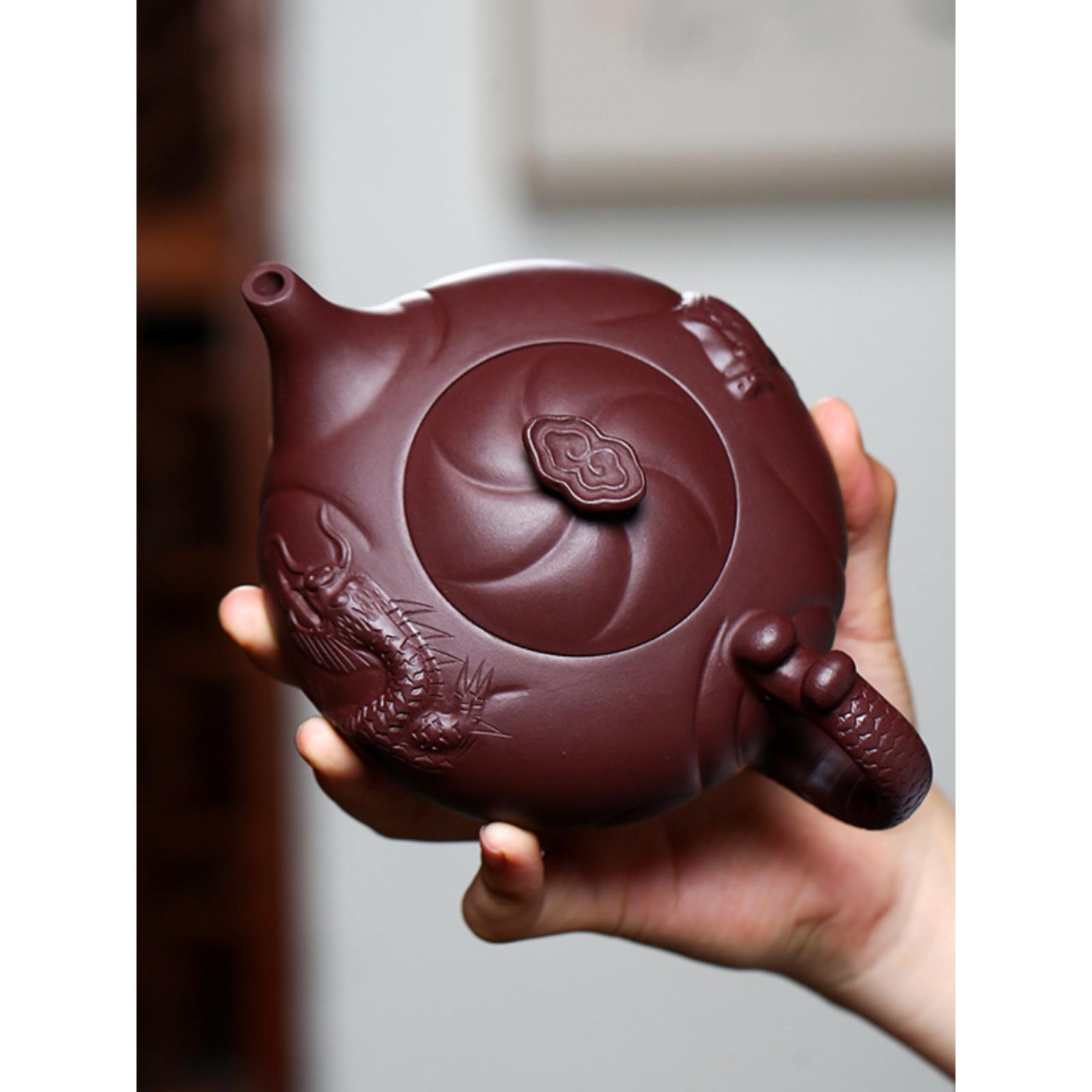 宜兴精品紫砂壶鱼化龙名家刘如明手工原矿老紫泥泡功夫茶壶350cc