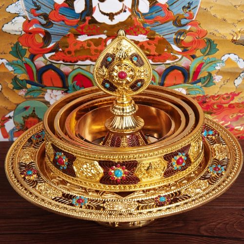 速发八吉祥达花镶宝石曼迷盘合金曼雕盘彩绘曼茶罗用品金色扎你