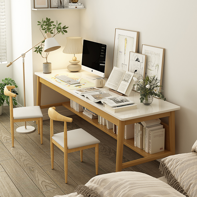 速发双人墙桌长条桌靠书窄脑子工作台家用学习桌卧室办公实木腿电