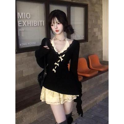 深秋初冬穿搭小个子纯欲风高级感针织罩衫蕾丝连衣裙子两件套装女