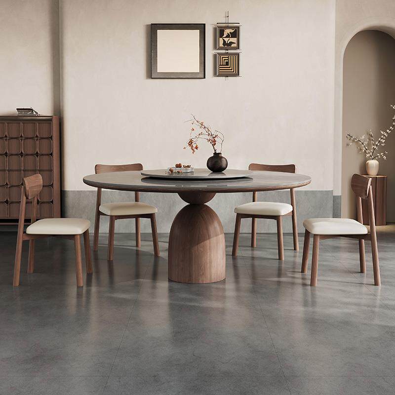 岩板餐桌实木圆形现代简约轻奢家用小户型电磁炉高端带转盘圆饭桌