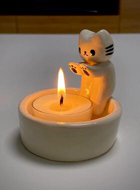 DIY香薰蜡烛台陶瓷小猫烤手家居饰品装饰摆件可爱居家日常摆件