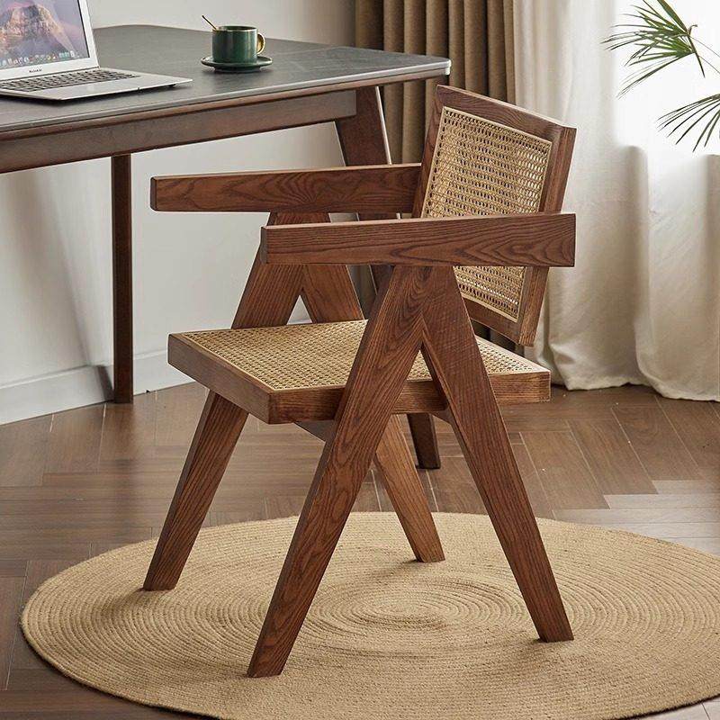 实木编藤椅昌迪加尔扶手椅中古侘寂风餐桌椅家用阳台休闲 靠背椅,住宅家具,餐椅,淘宝优惠券,粉丝福利购,淘宝优惠卷