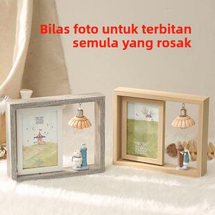 创意双面旋转相架带灯简约北欧相框摆台6寸桌面摆件覆古木质像框