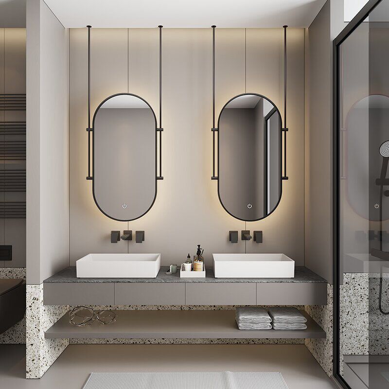 速发间圆形浴室镜天花板吊智卫生椭挂镜吊杆镜子酒店化妆镜镜能镜