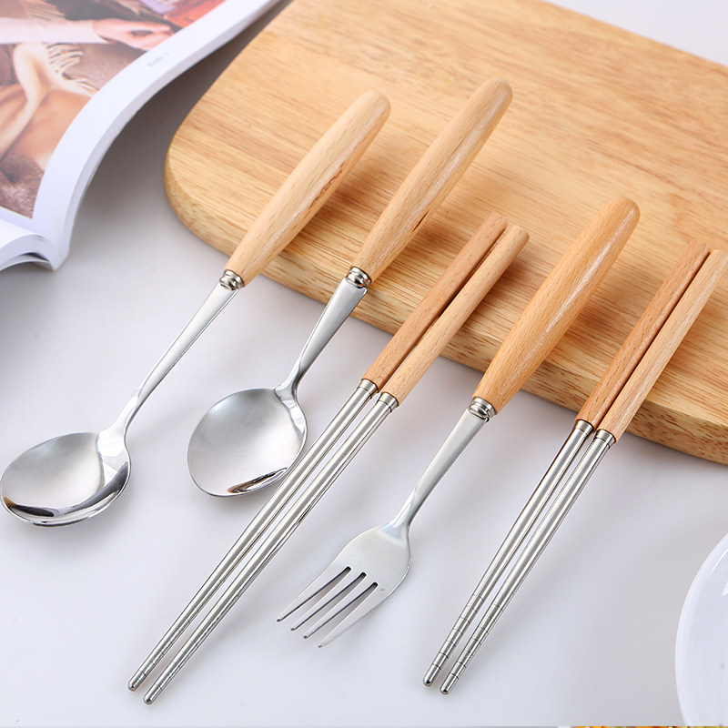 速发日式木叉不锈钢筷子勺子餐具水果甜品刀柄质餐牛排刀叉木西勺