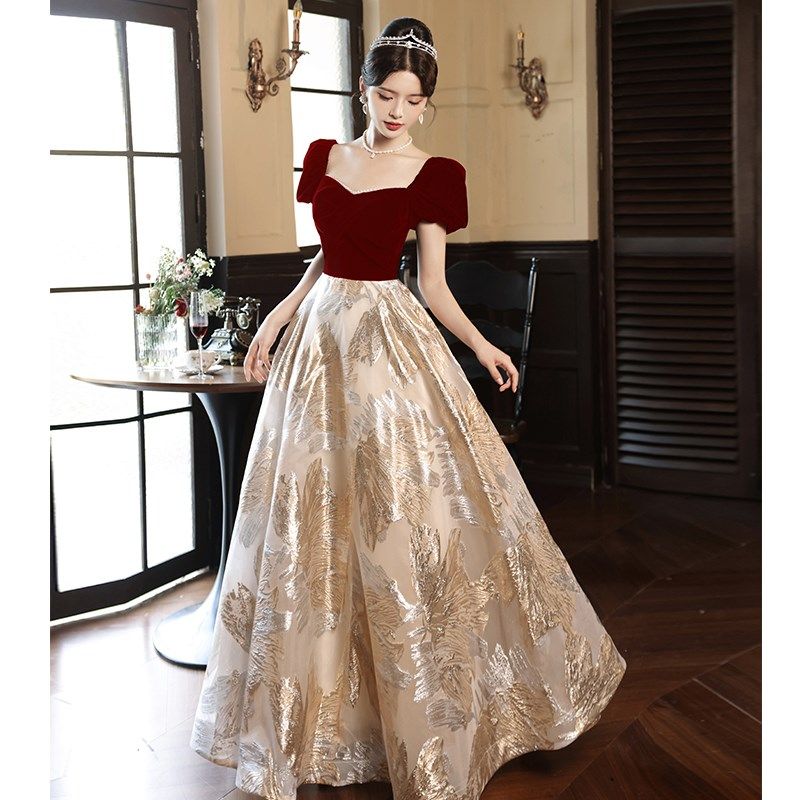 速发敬酒服新娘结婚宴会秋冬红色法式轻奢小众高端订婚晚礼服裙高