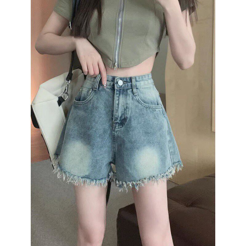 速发复古美式牛仔短裤做旧设计感小众边短热裤阔个子毛超小腿a字