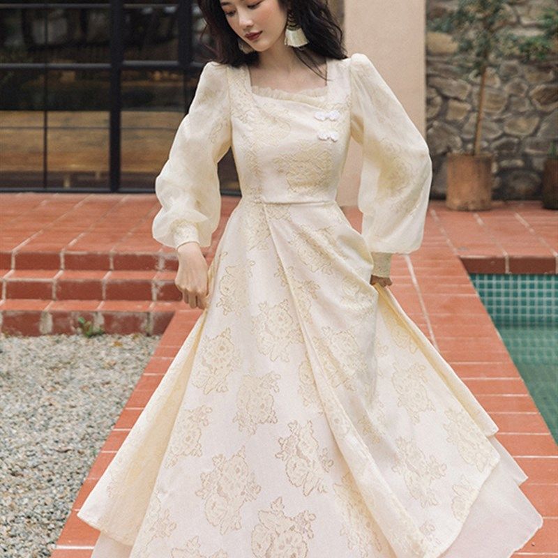 速发新中式娘伴服日常平时可穿长袖连衣裙子秋冬季订婚礼服低领旗