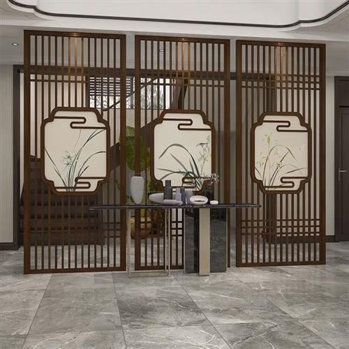 现货速发东实木花格屏风隔断装饰假墙壁圆形沙画双柜镂空木格栅造图片