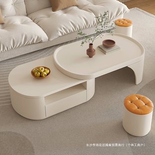 奶油风烤漆茶几多功能可伸缩桌子客厅家用简约茶桌感餐桌