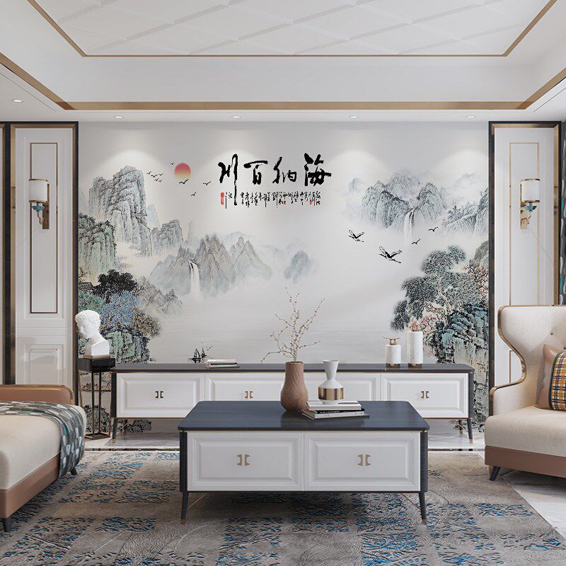 热销电视背景墙壁布中式山水画办公室海纳百川壁纸自粘客厅沙发壁