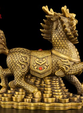 热销铜金钱麒麟摆件公母一对黄铜火麒麟大号客厅玄关办公室家居装