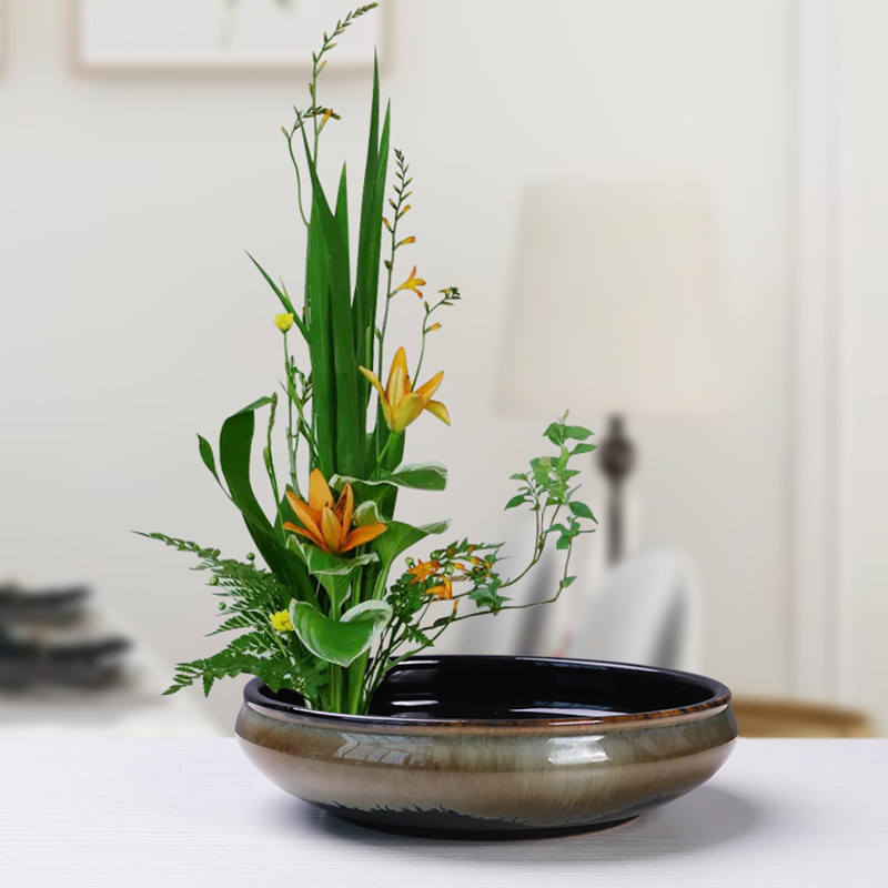 热销禅意剑山插花器套装水培铜钱草陶瓷花盆复古圆盘苔藓器皿桌面