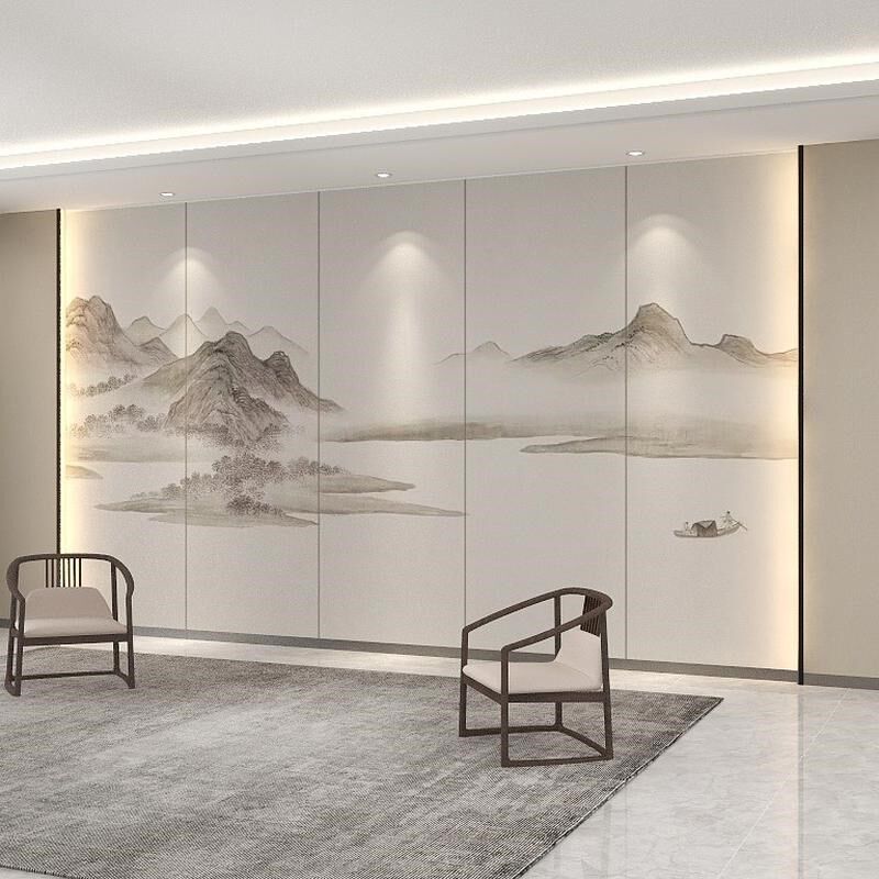 热销新中式水墨山水画护墙板 客厅卧室电视背景墙 板材多样选购