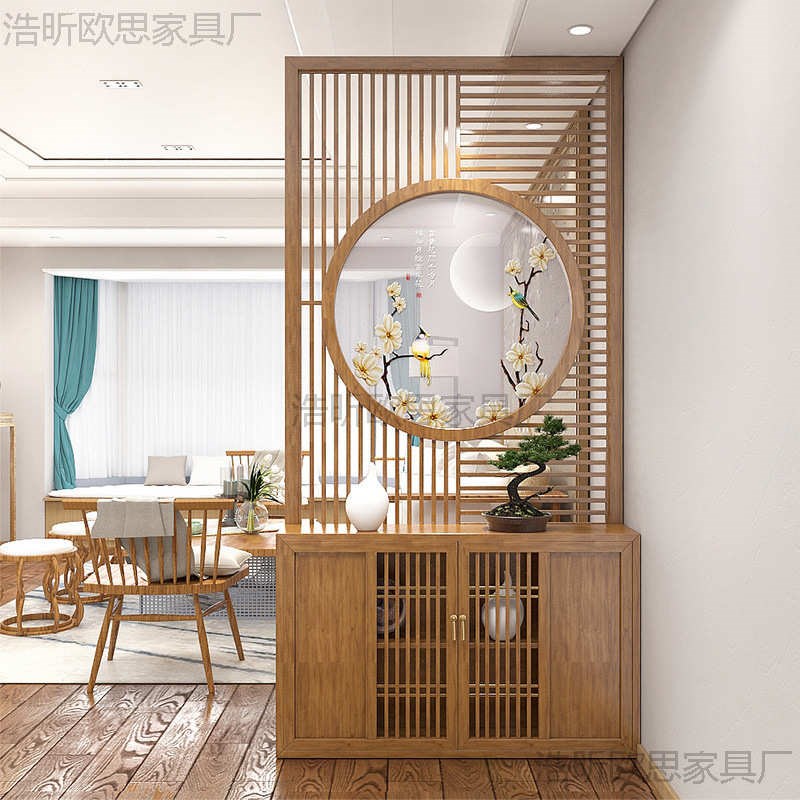 热销新中式实木玄关储物柜屏风隔断客厅现代艺术装饰镂空格栅遮挡