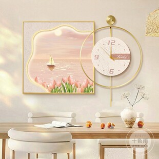 速发奶挂风餐厅装 钟画挂钟简约餐桌背景墙时饰壁画客厅钟表油画新
