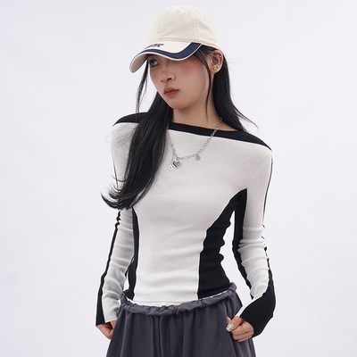 速发美式辣妹款色长袖上撞春秋短白衣色针织打底衫套头内搭T恤