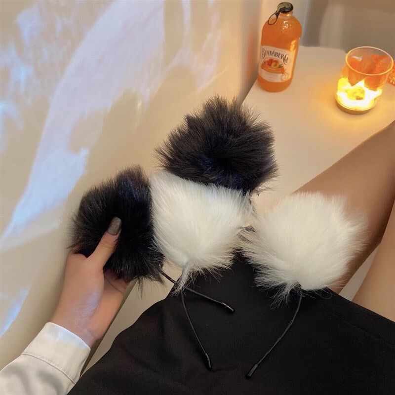 速发白色猫头朵毛绒发猫毛茸茸洗脸可爱箍咪发卡毛毛敷头箍耳饰