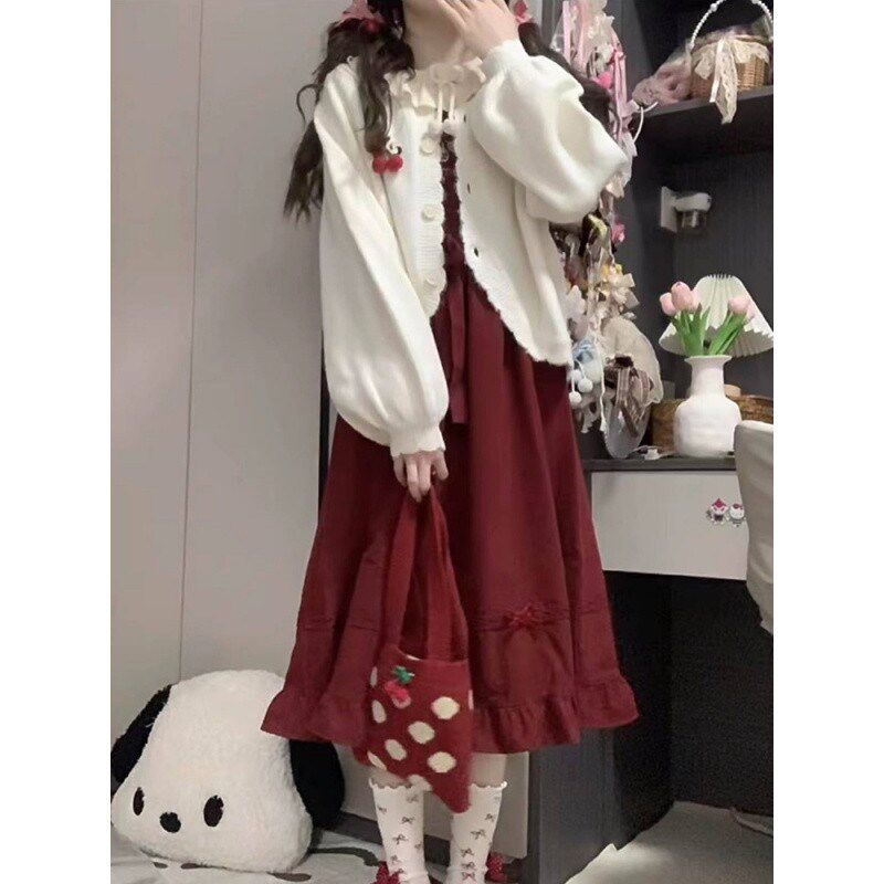 速发可桃奶系衫爱针织开衫毛衣+打底樱+蝴蝶结背带裙学生三件套