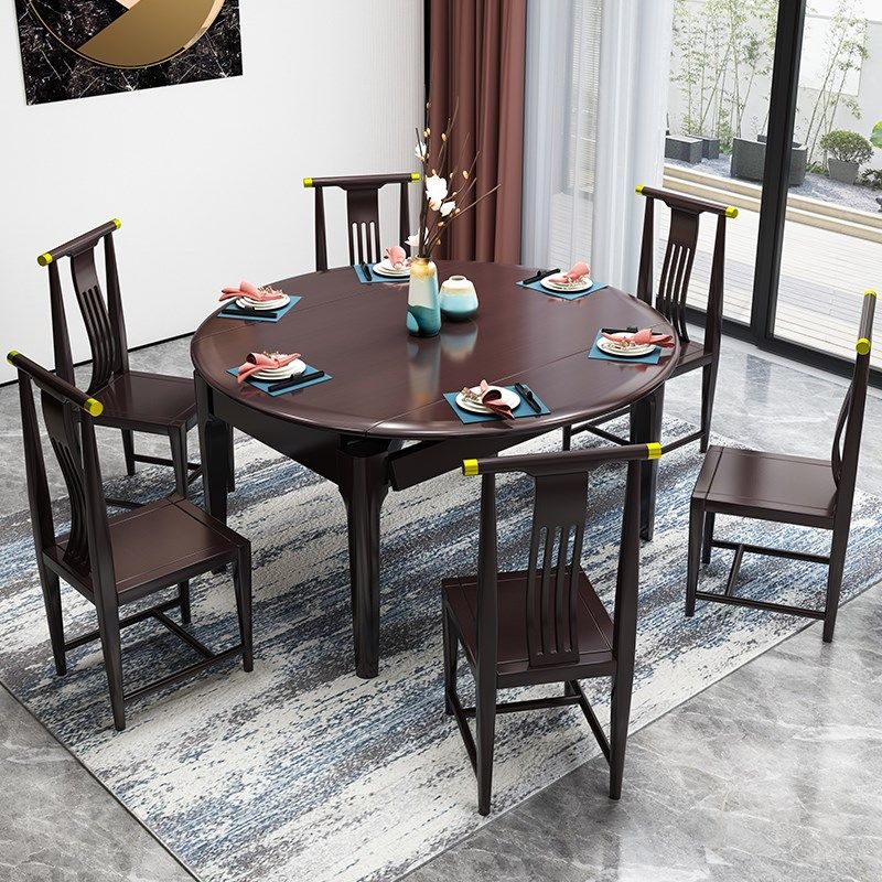 速发新中式实木餐桌可伸缩变形家用桌形8人圆餐圆餐厅吃椅餐饭组