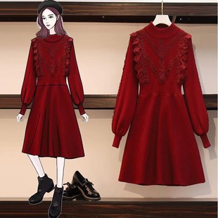 速发胖码 减龄漂亮洋气色字裙大妹妹打底针织红A连衣 2025秋冬法式