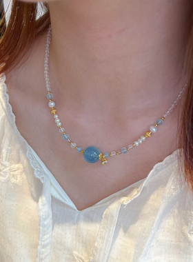 【冰岛】天然海蓝宝珍珠项链白水晶草莓晶送女友老婆2025新款吊坠