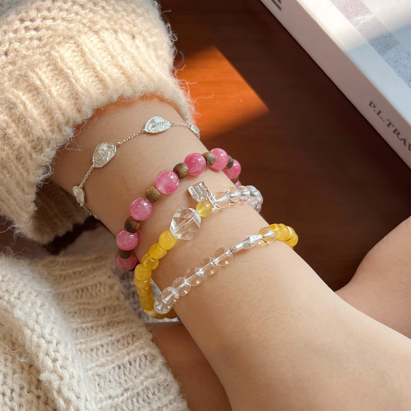 【半糖】天然白水晶蜜蜡双圈手串鸡油黄随形S925银金发晶手链女款