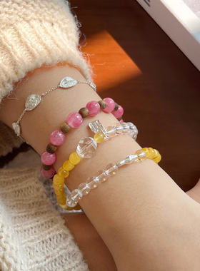 【半糖】天然白水晶蜜蜡双圈手串鸡油黄随形S925银金发晶手链女款