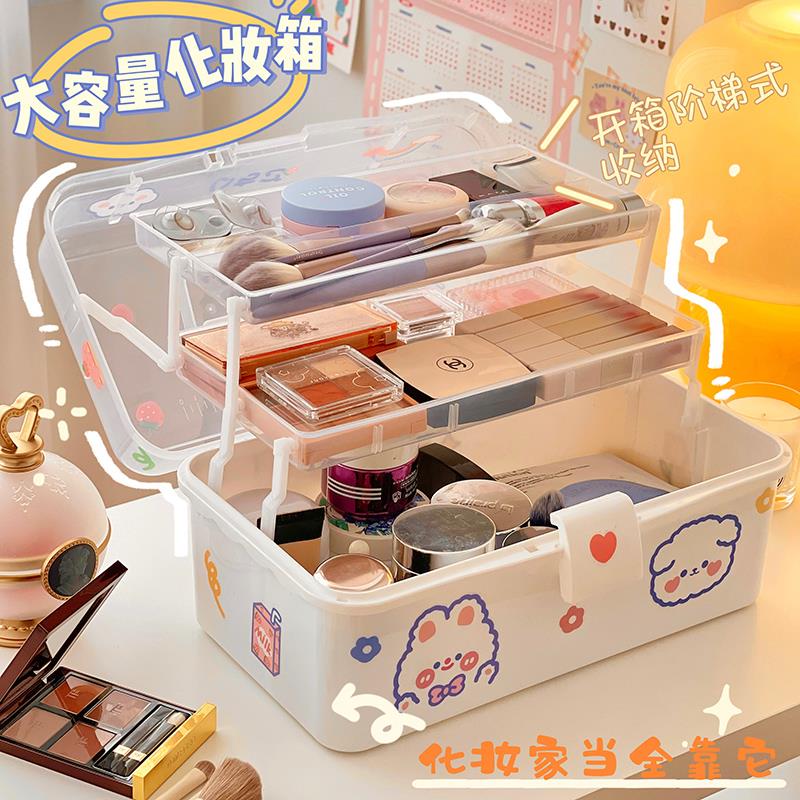 桌面化妆品收纳盒学生文具盒收纳箱化妆箱护肤品防尘透明整理盒女
