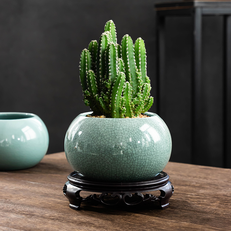 速发哥窑孔约多肉花盆带托盘透气有简金钱树办公桌发财树陶植绿瓷