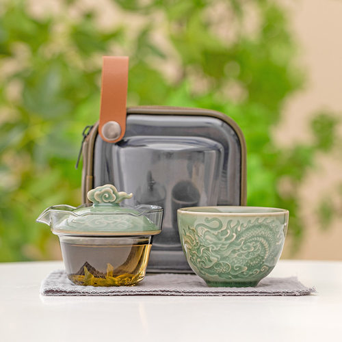 速发优格越窑青瓷行旅茶具套装壶携式户外便携快客杯一便一杯龙年