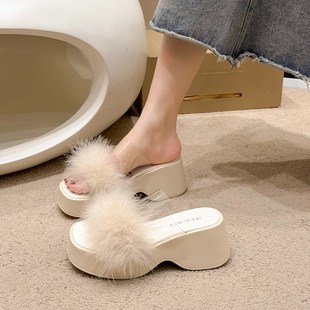 速发仙风毛高拖鞋夏外穿2024新款防水台厚透底明一字带毛跟凉拖鞋
