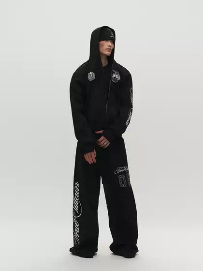 Sgwcult'True Villain' Heavy-Duty Rivet Patchwork Embroidered Printed Sweatshirt Jacket and Pants Set